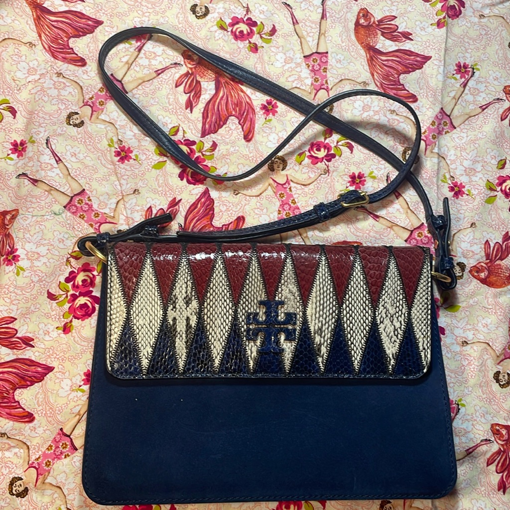 Tory Burch Blue And Red Snakeskin/Suede Shoulder Bag/Handbag.